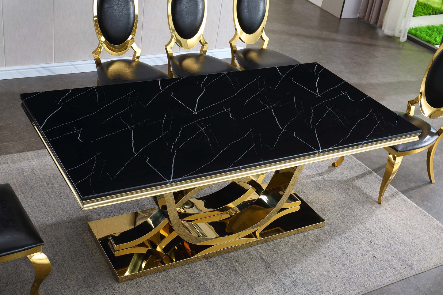 RDT315 Solid Marble/ Tempered Glass Top Rectangular Dining Table