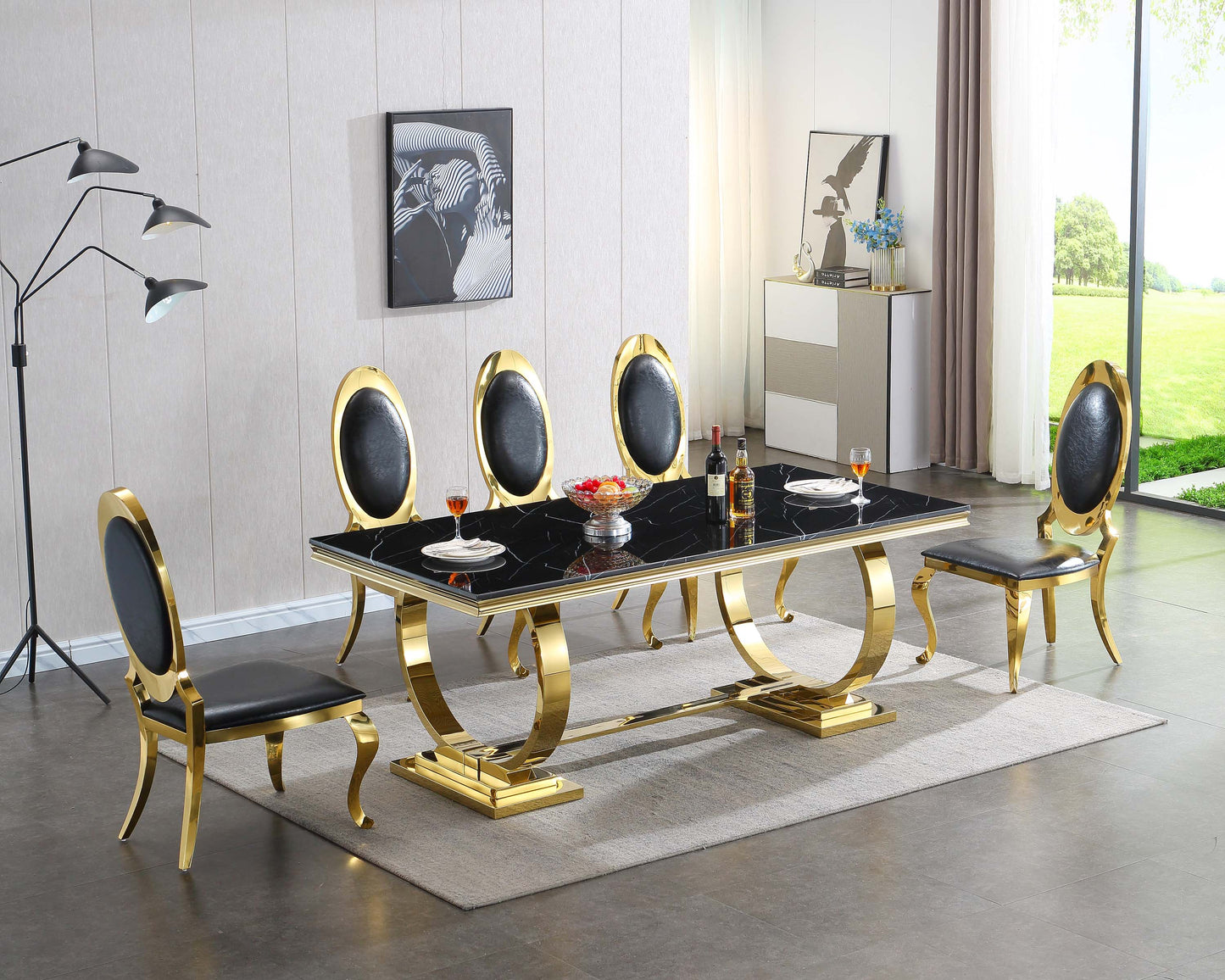 RDT316 Solid Marble Dining Table with Gold/Silver Metal Base
